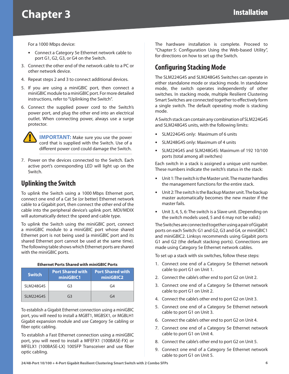 Uplinking the switch, Configuring stacking mode, Uplinking the switch configuring stacking mode | Chapter, Installation | Linksys SLM224G4S User Manual | Page 12 / 77