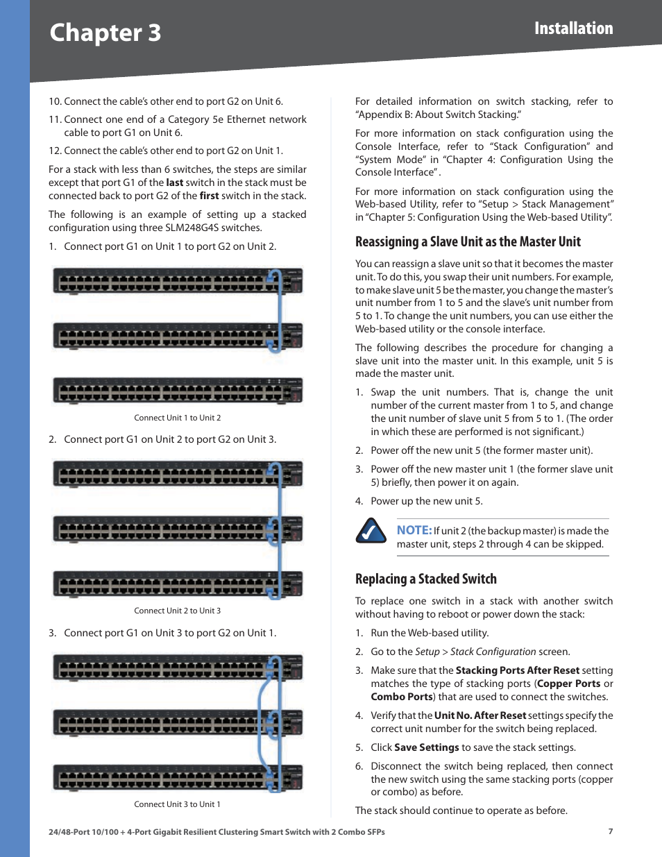 Reassigning a slave unit as the master unit, Replacing a stacked switch, Chapter | Installation | Linksys SLM224G4S User Manual | Page 13 / 77