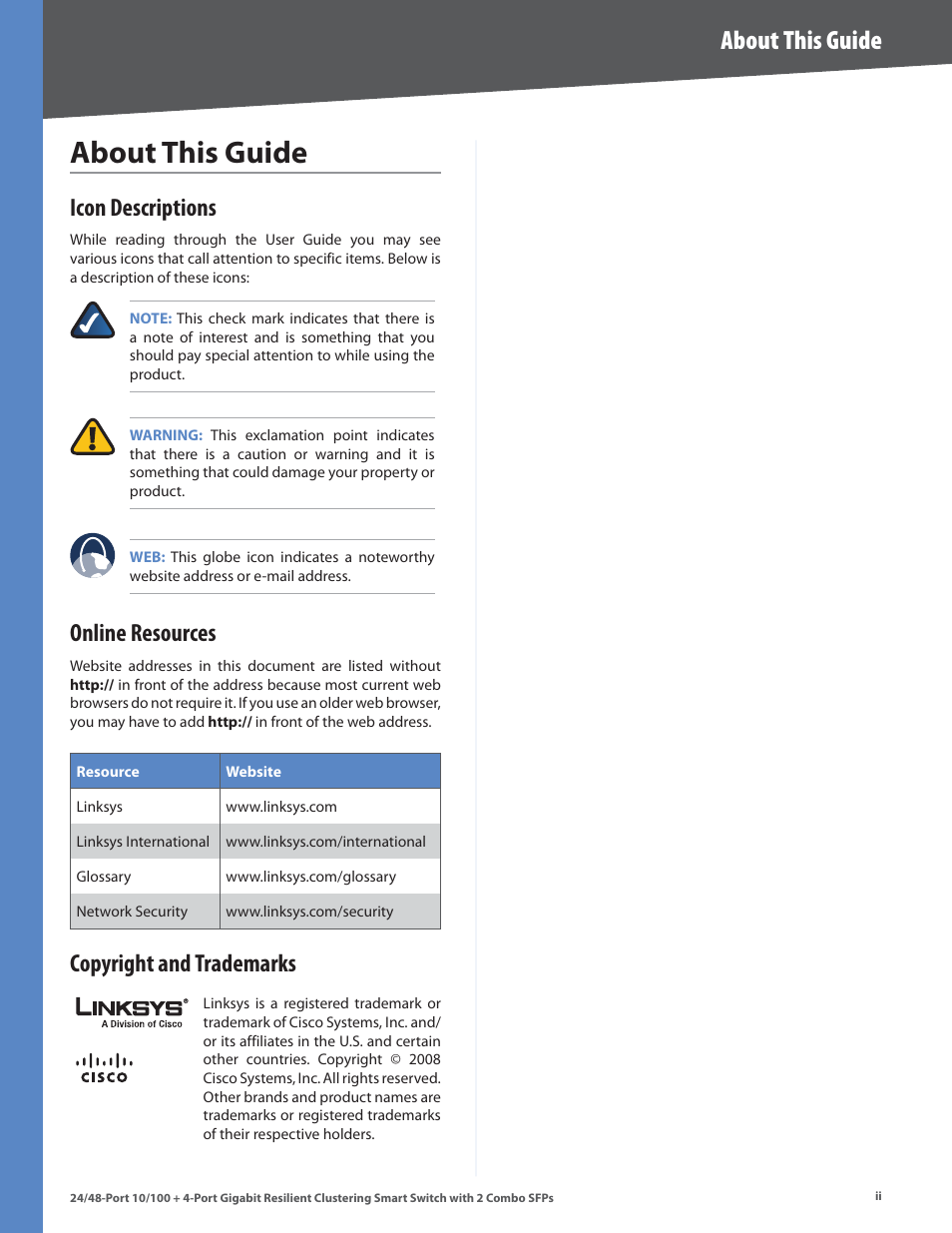 About this guide, Icon descriptions, Online resources | Copyright and trademarks | Linksys SLM224G4S User Manual | Page 2 / 77