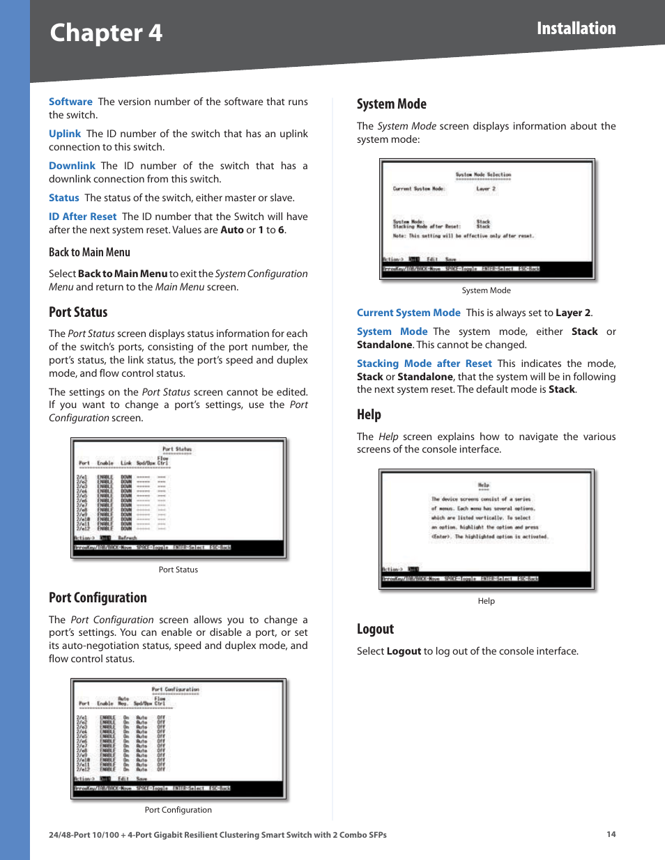 Port status, Port configuration, System mode | Help, Logout, Chapter 4, Installation | Linksys SLM224G4S User Manual | Page 20 / 77