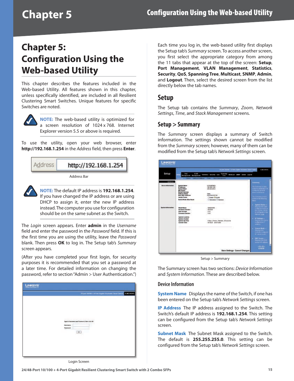 Setup, Setup > summary, Chapter | Configuration using the web-based utility | Linksys SLM224G4S User Manual | Page 21 / 77