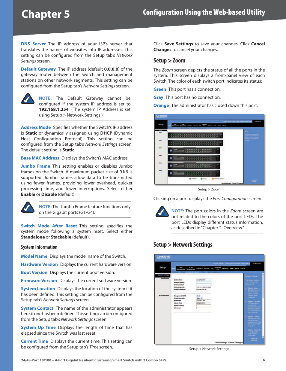 Setup > zoom, Setup > network settings, Chapter | Configuration using the web-based utility | Linksys SLM224G4S User Manual | Page 22 / 77