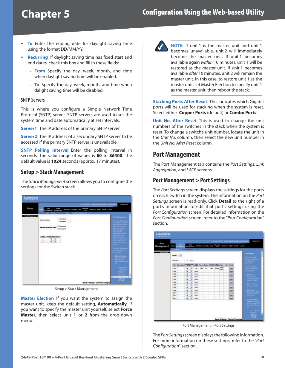 Setup > stack management, Port management, Port management > port settings | Chapter, Configuration using the web-based utility | Linksys SLM224G4S User Manual | Page 24 / 77