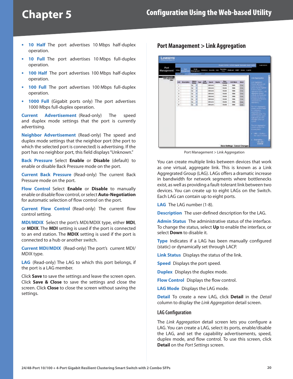 Port management > link aggregation, Chapter, Configuration using the web-based utility | Linksys SLM224G4S User Manual | Page 26 / 77