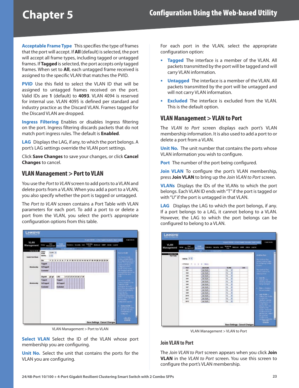 Vlan management > port to vlan, Vlan management > vlan to port, Chapter | Configuration using the web-based utility | Linksys SLM224G4S User Manual | Page 29 / 77