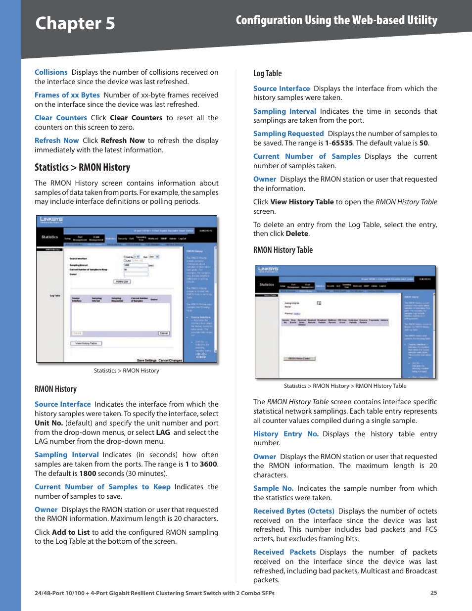 Statistics > rmon history, Chapter, Configuration using the web-based utility | Linksys SLM224G4S User Manual | Page 31 / 77