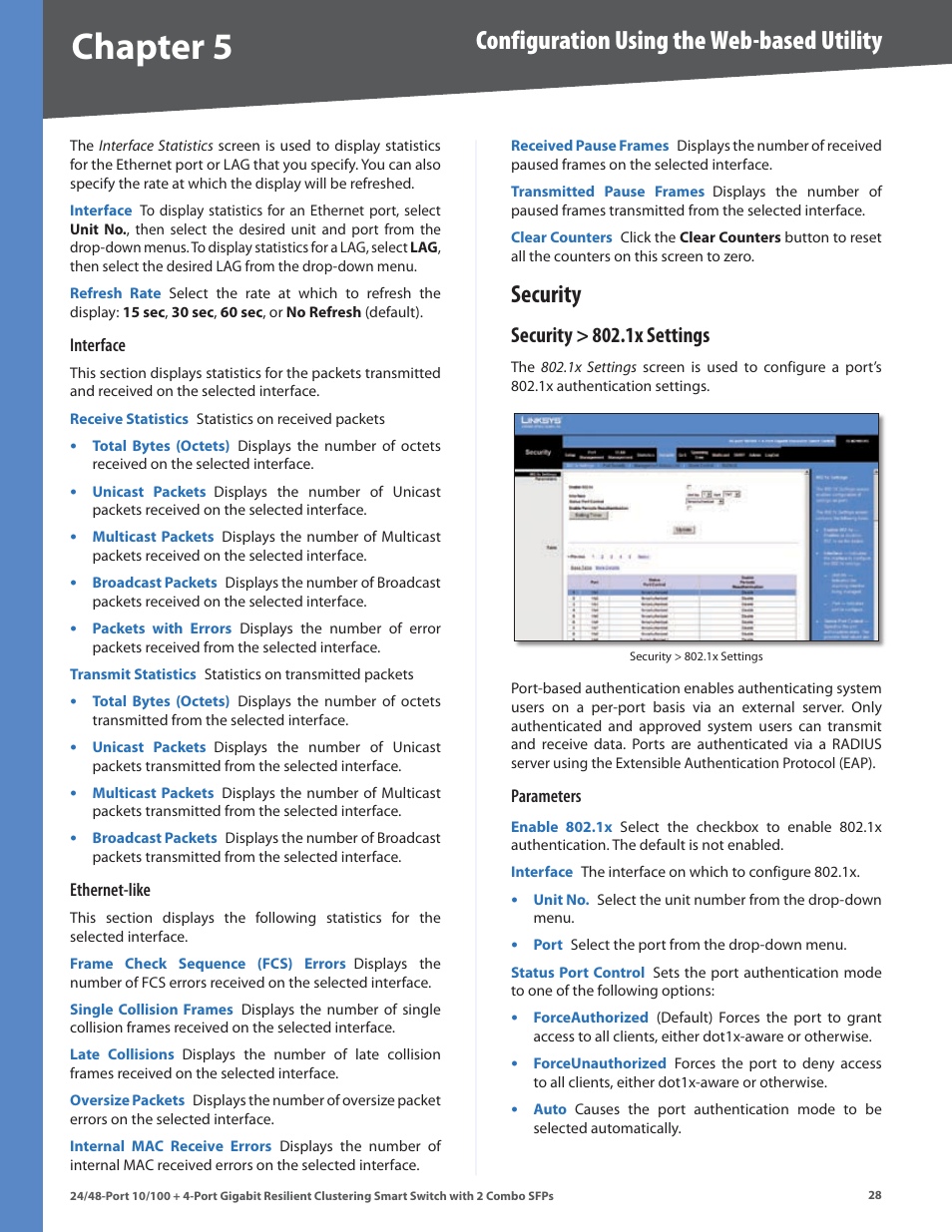 Security, Security > 802.1x settings, Chapter | Configuration using the web-based utility | Linksys SLM224G4S User Manual | Page 34 / 77