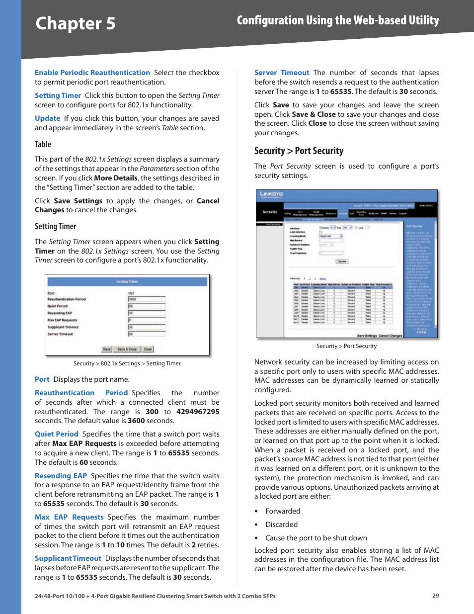 Security > port security, Chapter, Configuration using the web-based utility | Linksys SLM224G4S User Manual | Page 35 / 77