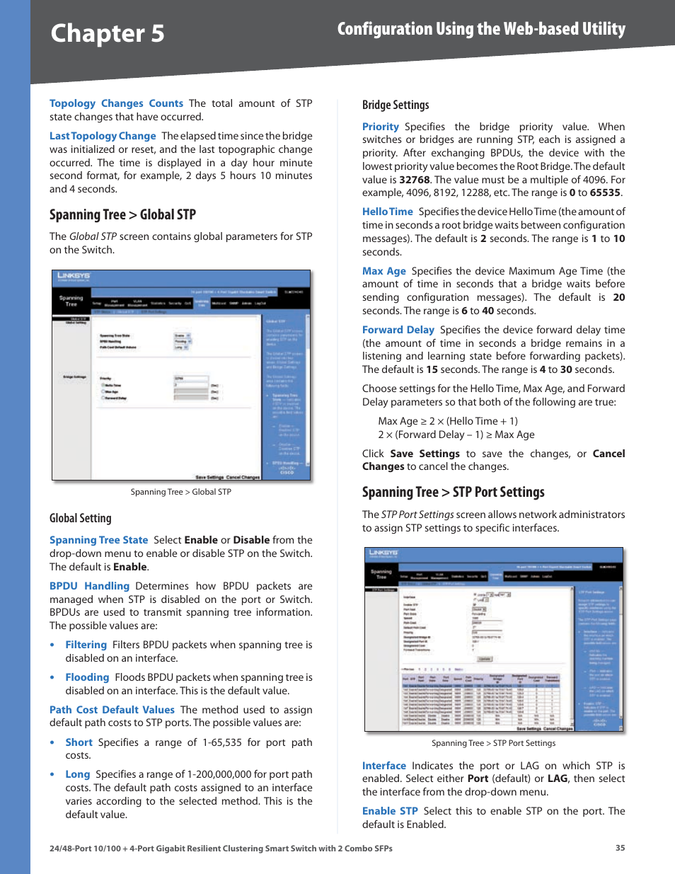 Spanning tree > global stp, Spanning tree > stp port settings, Chapter | Configuration using the web-based utility | Linksys SLM224G4S User Manual | Page 41 / 77