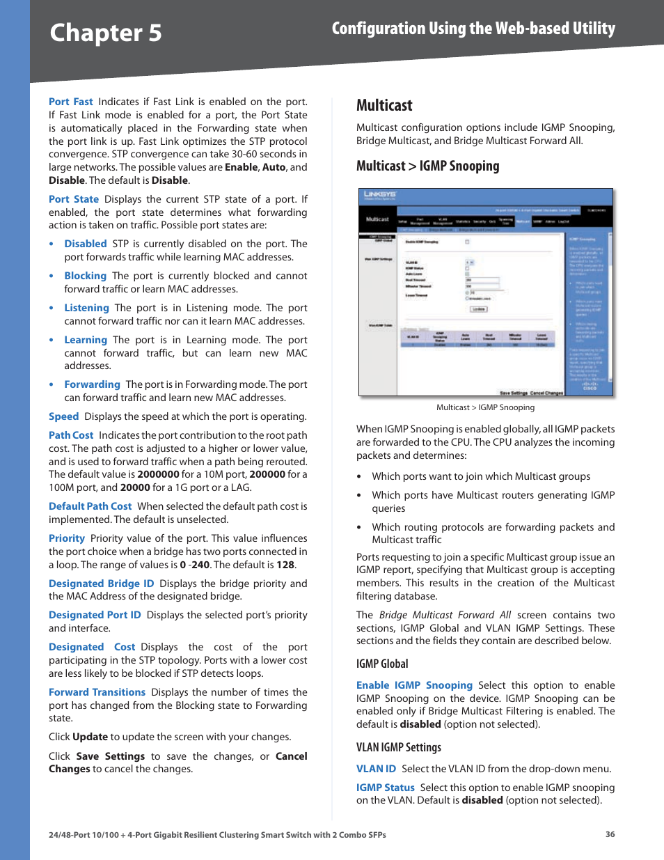 Multicast, Multicast > igmp snooping, Chapter | Configuration using the web-based utility | Linksys SLM224G4S User Manual | Page 42 / 77