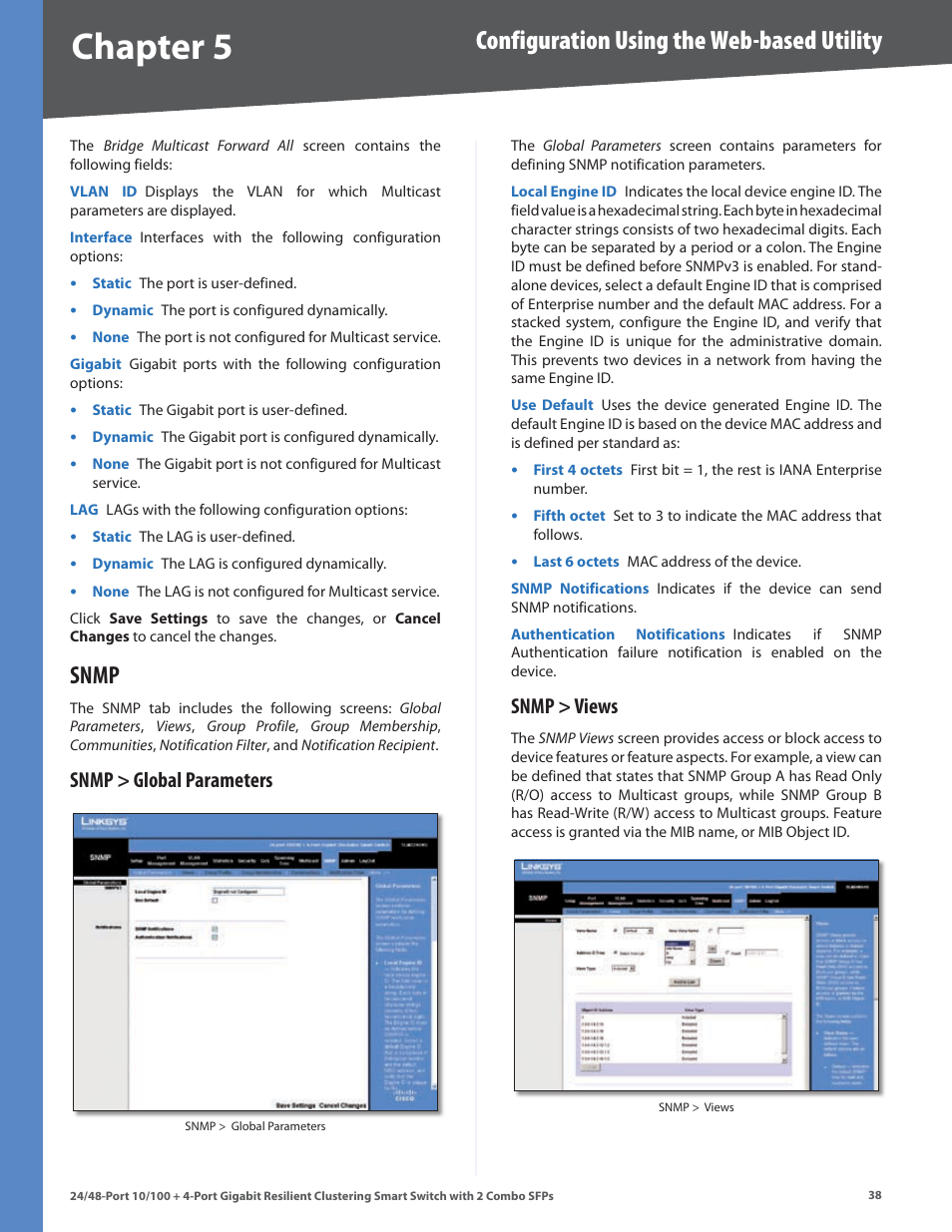 Snmp, Snmp > global parameters, Snmp > views | Snmp > global parameters snmp > views, Chapter, Configuration using the web-based utility | Linksys SLM224G4S User Manual | Page 44 / 77