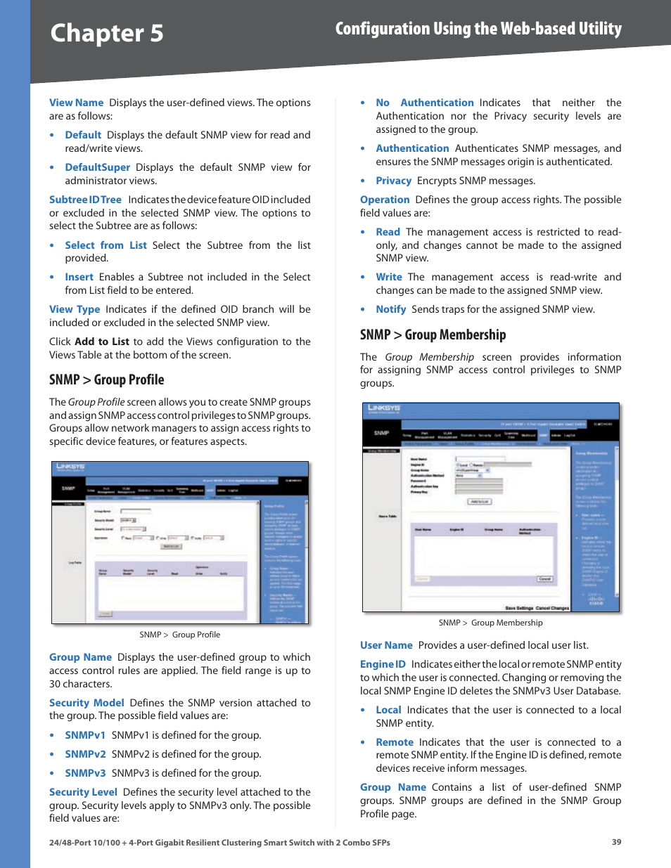 Snmp > group profile, Snmp > group membership, Snmp > group profile snmp > group membership | Chapter, Configuration using the web-based utility | Linksys SLM224G4S User Manual | Page 45 / 77