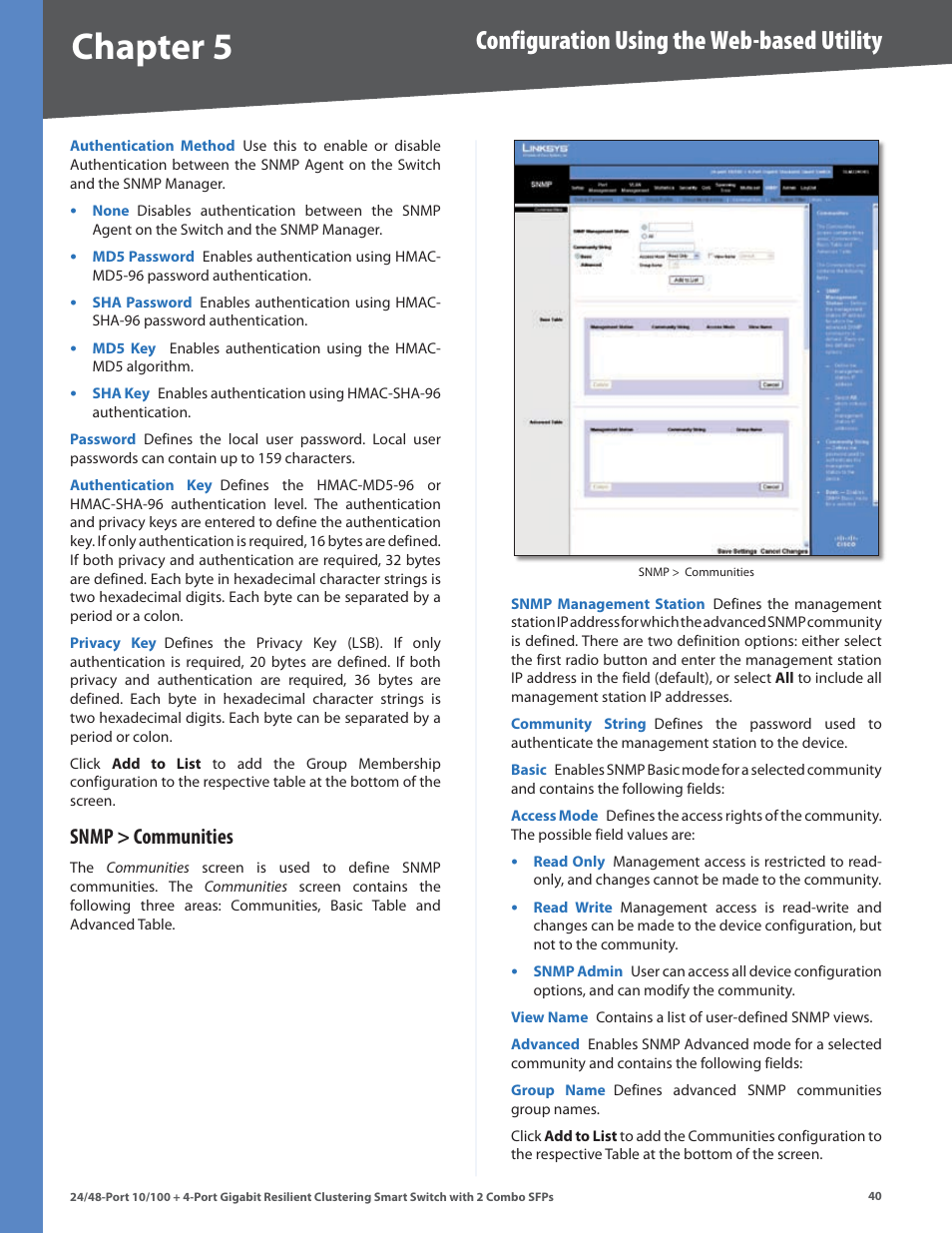 Snmp > communities, Chapter, Configuration using the web-based utility | Linksys SLM224G4S User Manual | Page 46 / 77