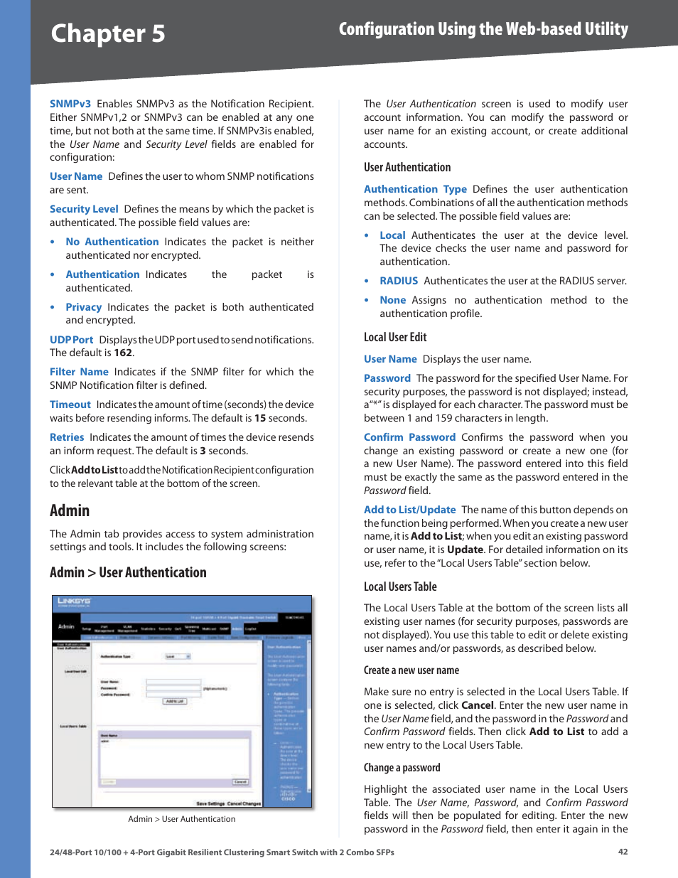 Admin, Admin > user authentication, Chapter | Configuration using the web-based utility | Linksys SLM224G4S User Manual | Page 48 / 77