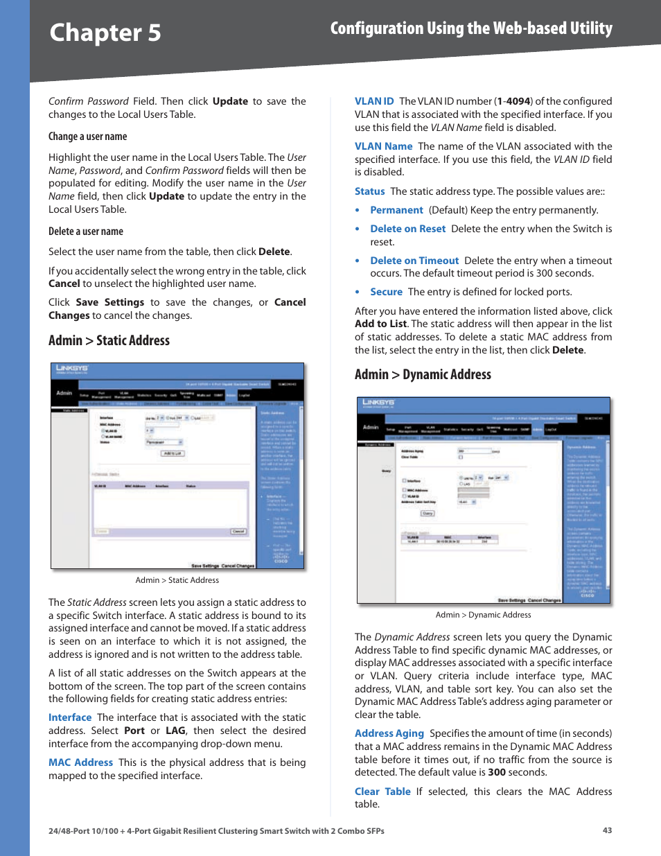 Admin > static address, Admin > dynamic address, Admin > static address admin > dynamic address | Chapter, Configuration using the web-based utility | Linksys SLM224G4S User Manual | Page 49 / 77