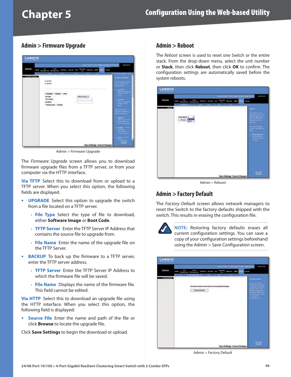 Admin > firmware upgrade, Admin > reboot, Admin > factory default | Chapter, Configuration using the web-based utility | Linksys SLM224G4S User Manual | Page 52 / 77