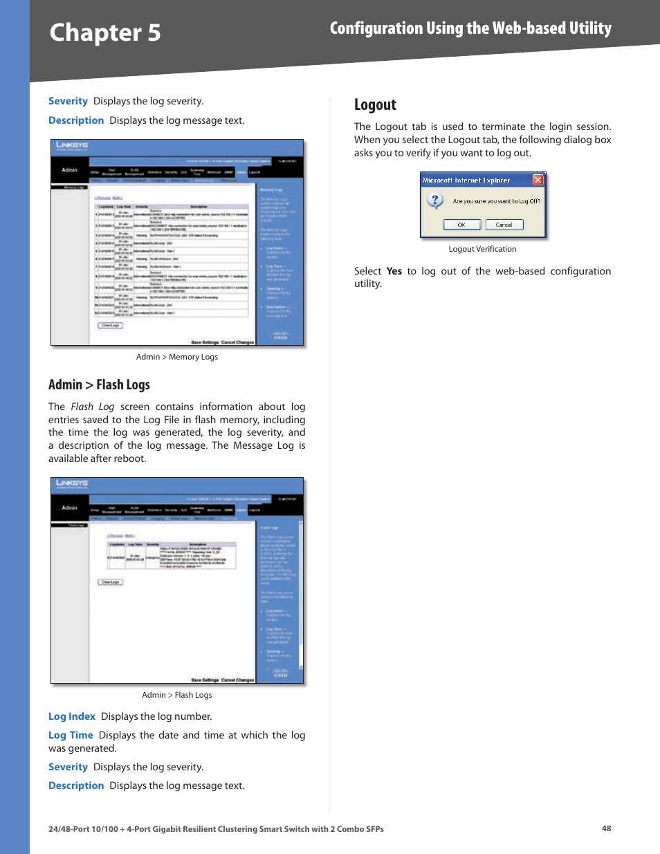 Admin > flash logs, Logout, Chapter | Configuration using the web-based utility | Linksys SLM224G4S User Manual | Page 54 / 77