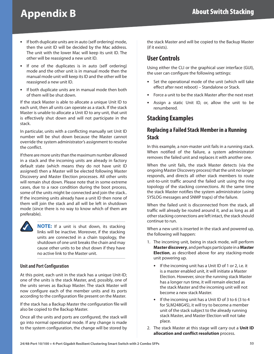 User controls, Stacking examples, Replacing a failed stack member in a running stack | User controls stacking examples, Appendix b, About switch stacking | Linksys SLM224G4S User Manual | Page 59 / 77