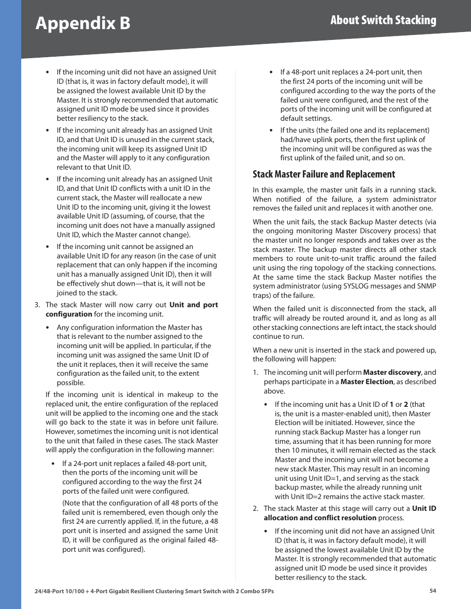 Stack master failure and replacement, Appendix b, About switch stacking | Linksys SLM224G4S User Manual | Page 60 / 77