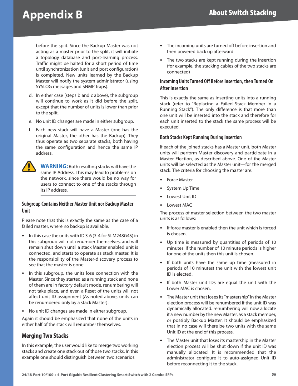 Merging two stacks, Appendix b, About switch stacking | Linksys SLM224G4S User Manual | Page 62 / 77