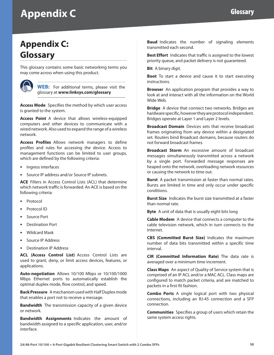 Appendix c: glossary, Appendix c, Glossary | Linksys SLM224G4S User Manual | Page 64 / 77