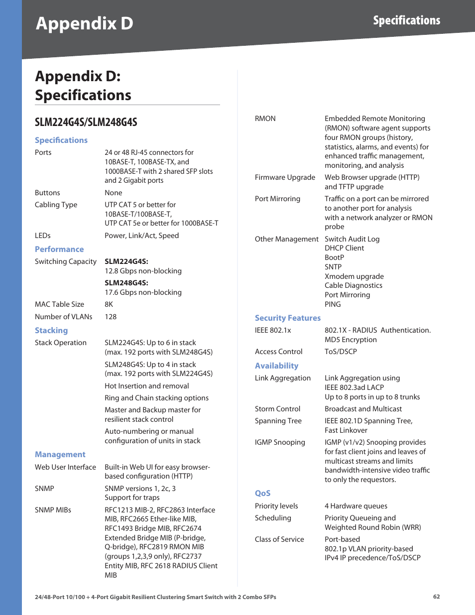 Appendix d: specifications, Slm224g4s/slm248g4s, Appendix d | Specifications | Linksys SLM224G4S User Manual | Page 68 / 77