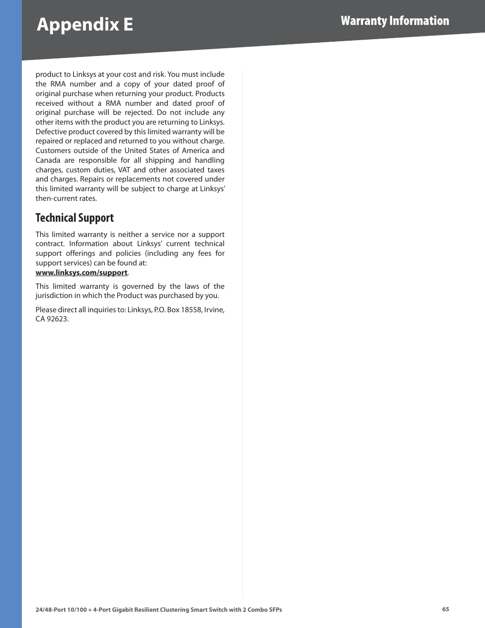 Technical support, Appendix e, Warranty information | Linksys SLM224G4S User Manual | Page 71 / 77