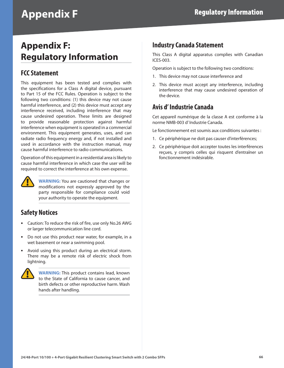 Appendix f: regulatory information, Fcc statement, Safety notices | Industry canada statement, Avis d’ industrie canada, Appendix f, Regulatory information | Linksys SLM224G4S User Manual | Page 72 / 77