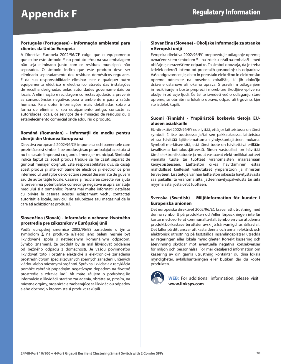 Appendix f, Regulatory information | Linksys SLM224G4S User Manual | Page 76 / 77