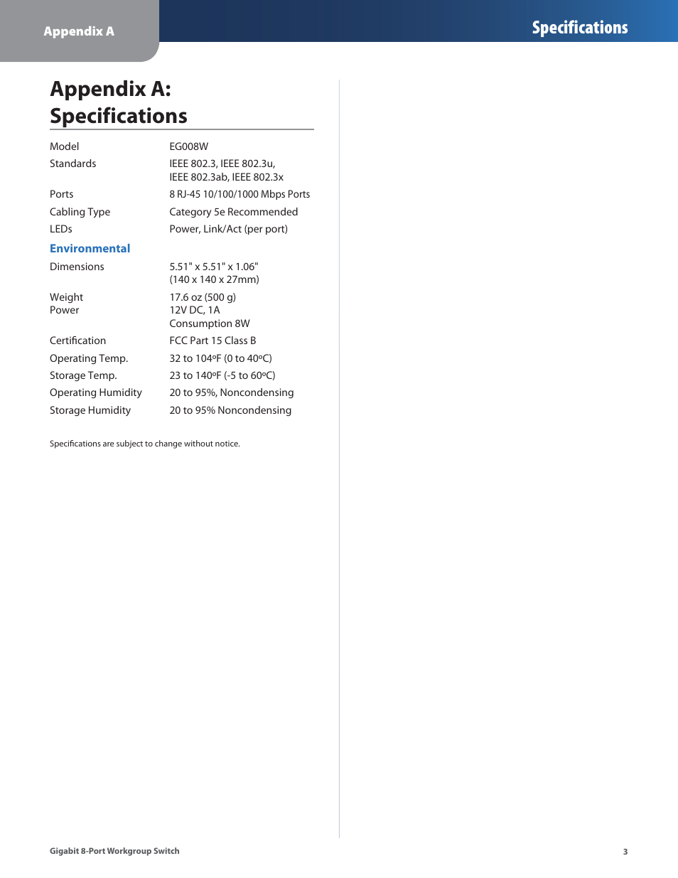 Appendix a: specifications, Specifications | Linksys EG008W User Manual | Page 6 / 27