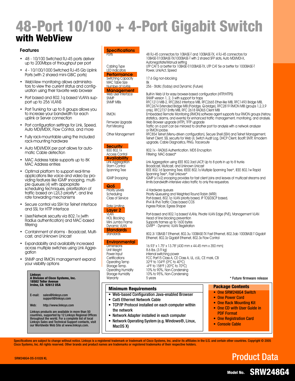 With webview, Product data, Srw248g4 | Linksys SRW248G4 User Manual | Page 2 / 2