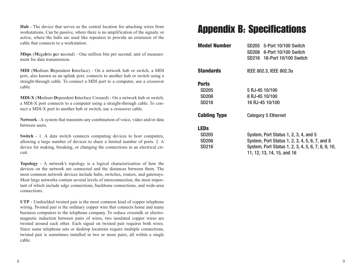 Appendix b: specifications | Linksys SD205 User Manual | Page 7 / 9