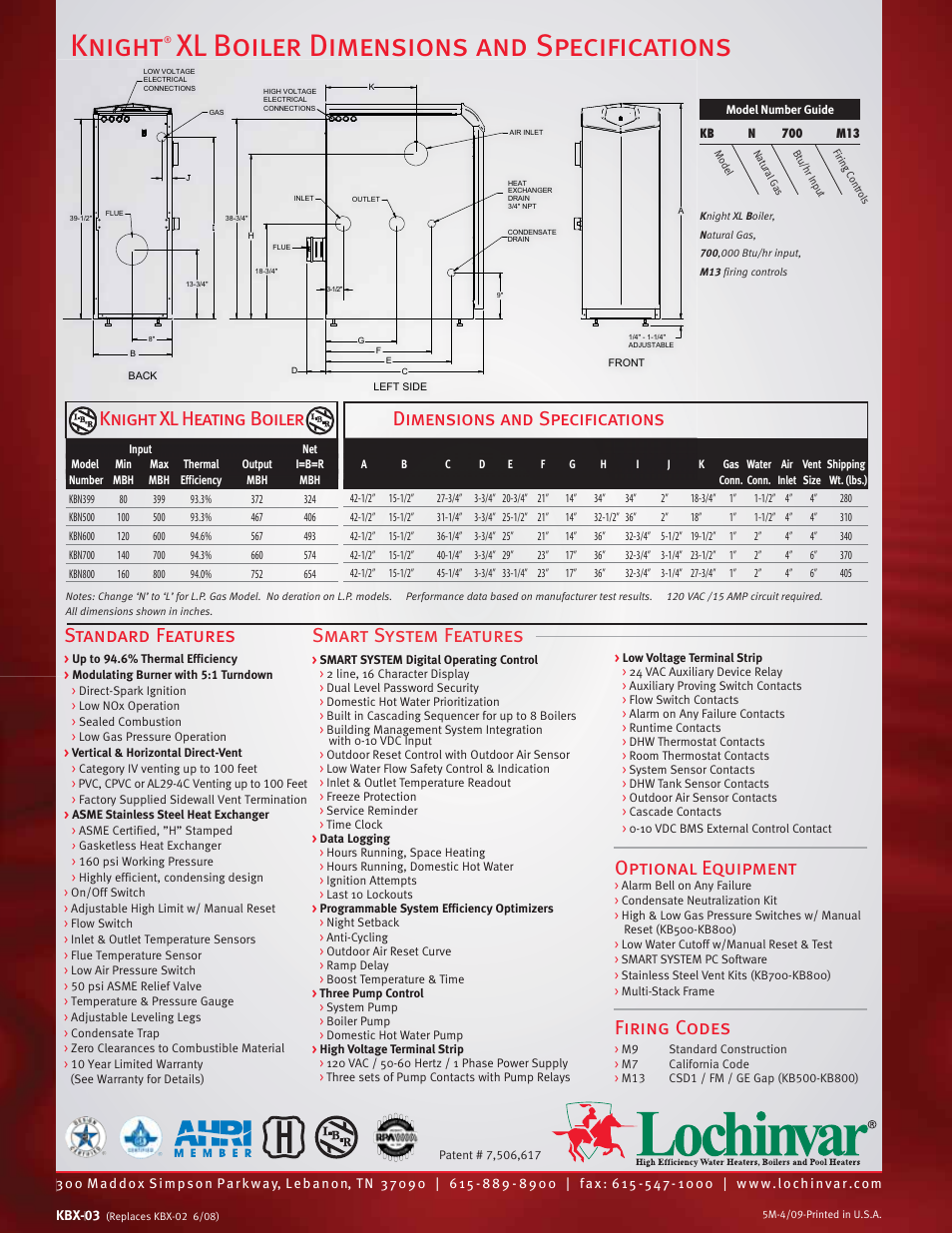 Knight, Xl boiler dimensions and specifications, Optional equipment | Firing codes, Standard features, Smart system features | Lochinvar KNIGHT XL KBN600 User Manual | Page 6 / 6