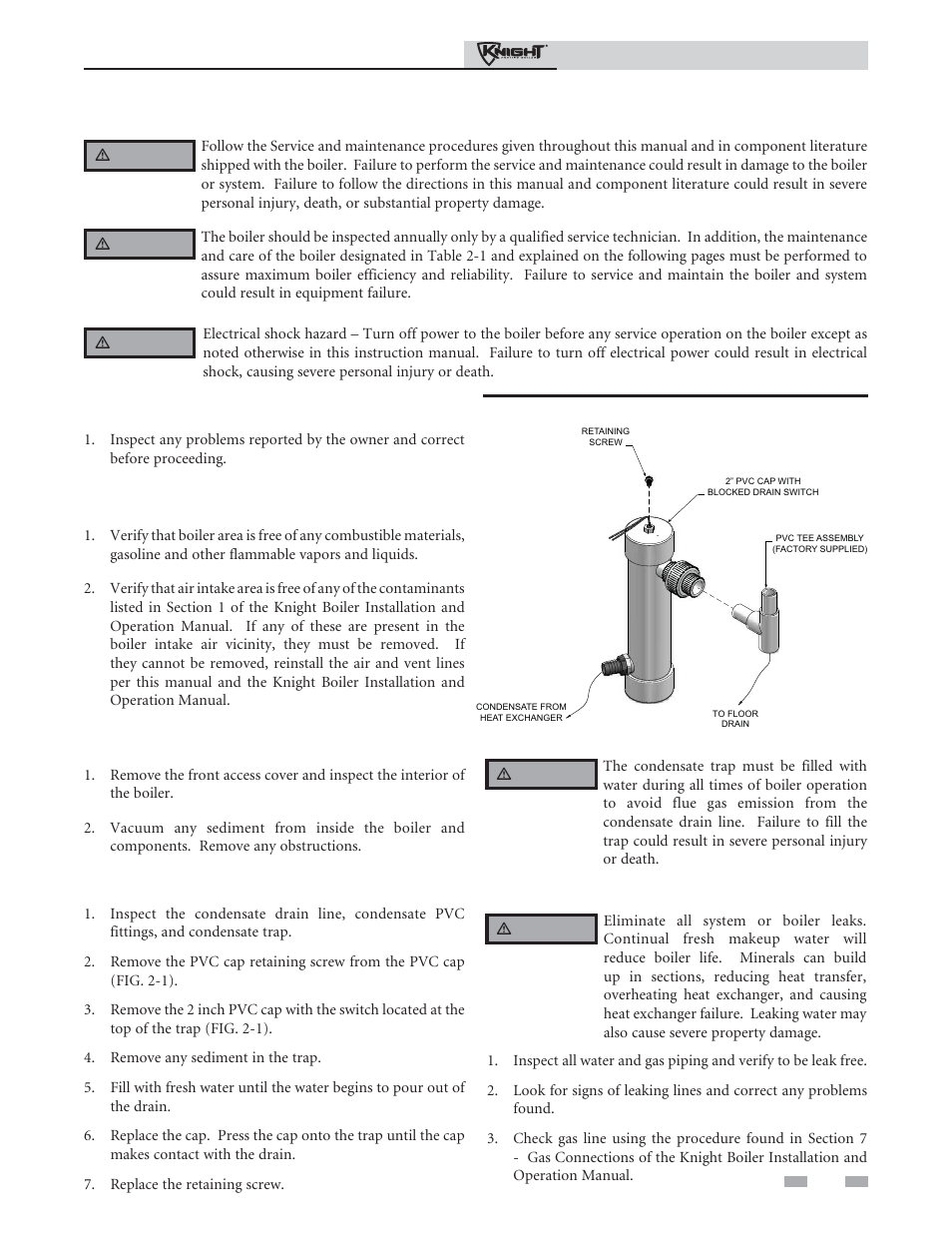 Maintenance, Address reported problems, Inspect boiler area | Inspect boiler interior, Clean condensate trap, Check all piping for leaks | Lochinvar Knight Heating Boiler 81-286 User Manual | Page 29 / 48