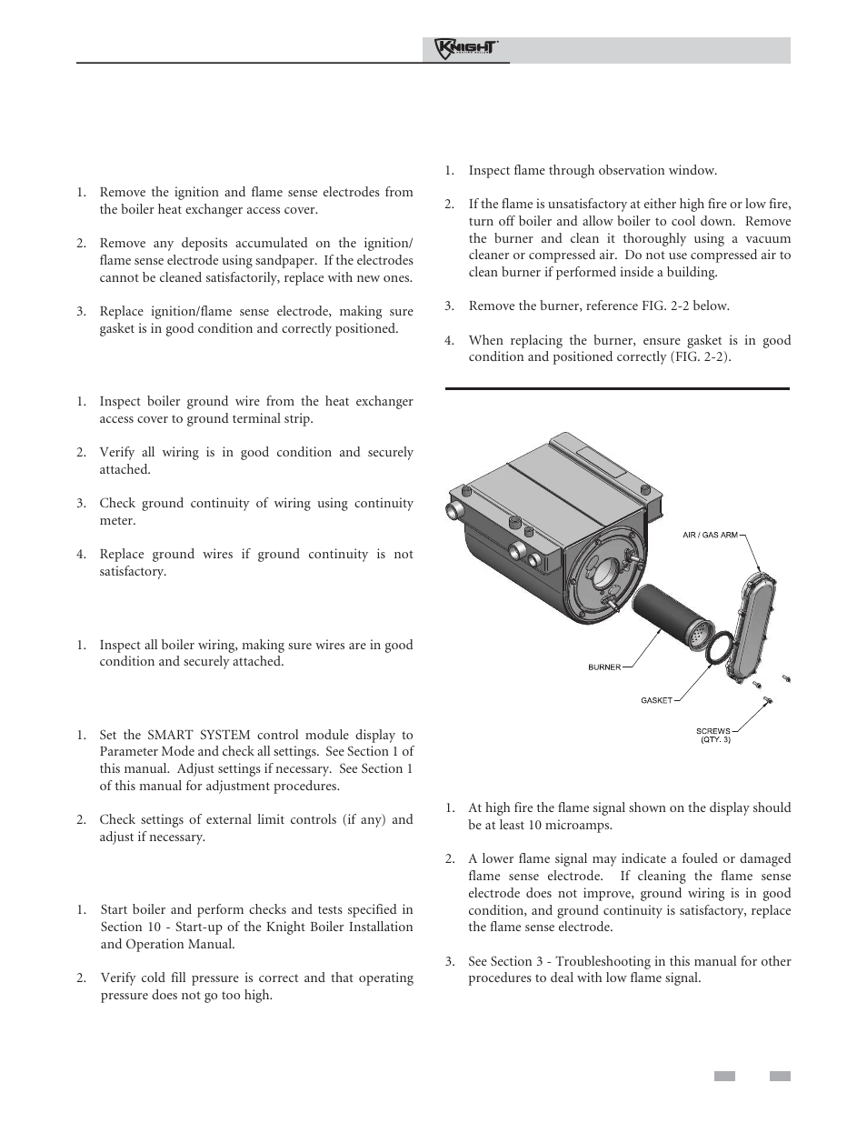 Maintenance, Inspect ignition and flame sense electrodes, Check ignition ground wiring | Check all boiler wiring, Check control settings, Perform start-up and checks, Check burner flame, Check flame signal | Lochinvar Knight Heating Boiler 81-286 User Manual | Page 31 / 48