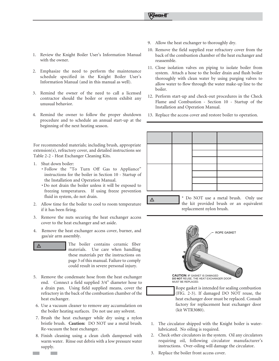 Maintenance, Review with owner, Cleaning boiler heat exchanger | Oiled bearing circulators | Lochinvar Knight Heating Boiler 81-286 User Manual | Page 32 / 48