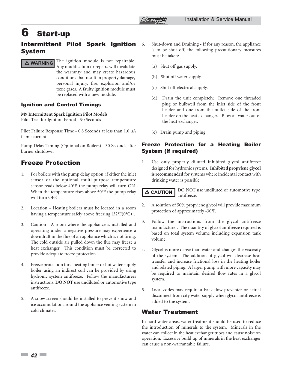 Start-up, Freeze protection, Water treatment | Intermittent pilot spark ignition system | Lochinvar 45 User Manual | Page 42 / 52