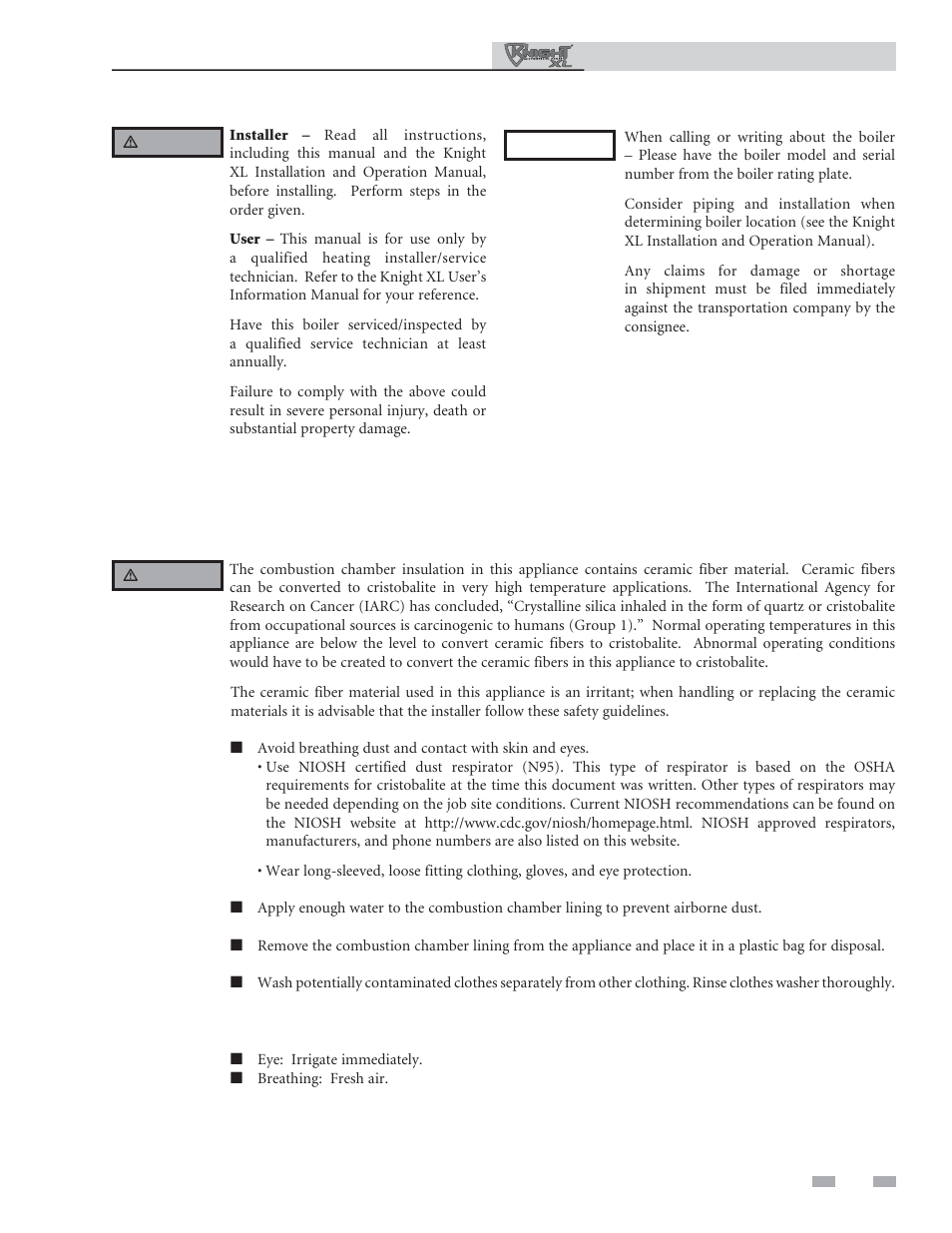 Please read before proceeding, Handling ceramic fiber materials | Lochinvar KNIGHT 801 User Manual | Page 3 / 48
