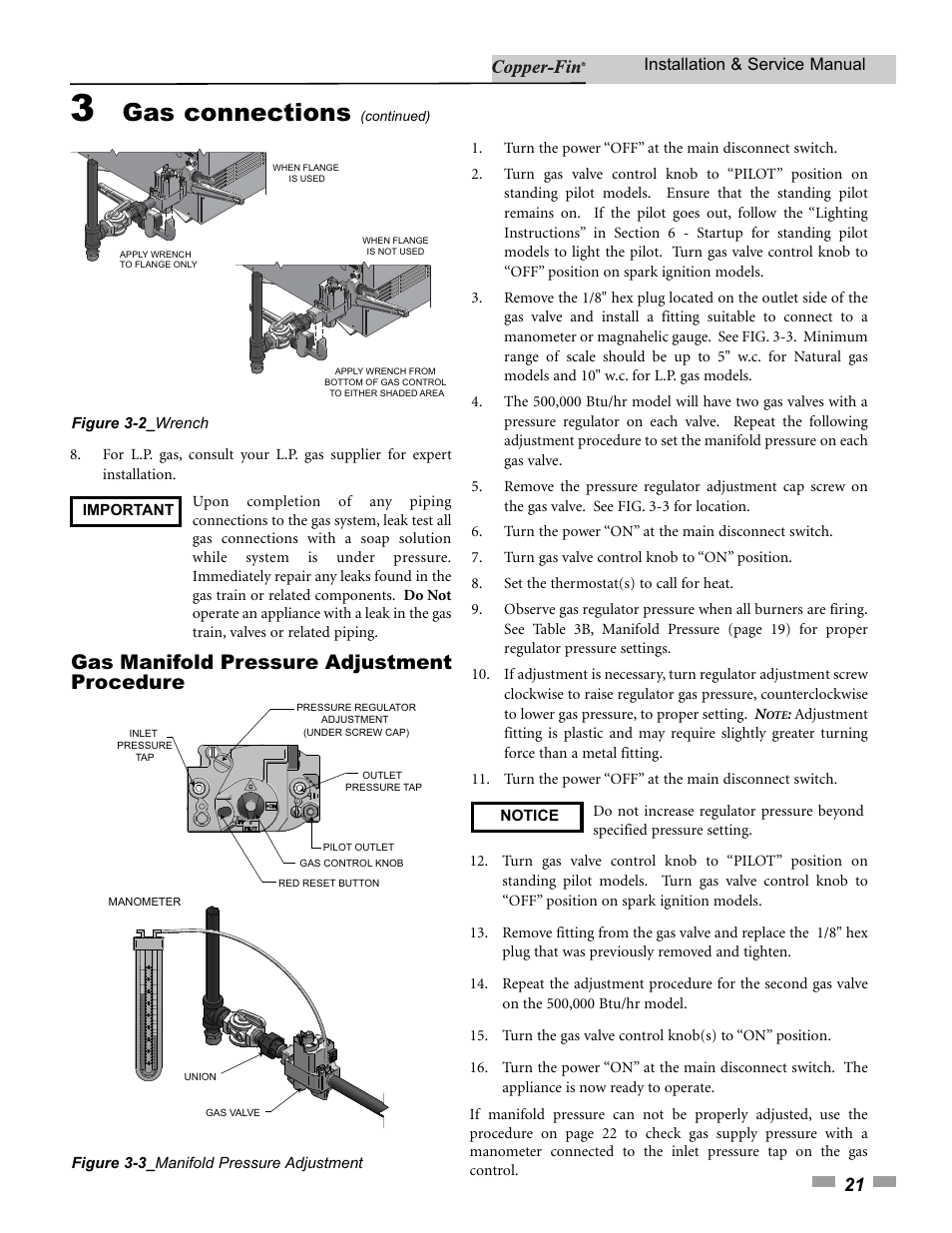 Gas connections, Gas manifold pressure adjustment procedure | Lochinvar 000 - 500 User Manual | Page 21 / 68