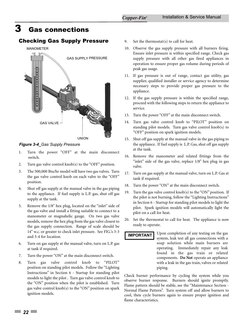 Gas connections, Checking gas supply pressure | Lochinvar 000 - 500 User Manual | Page 22 / 68