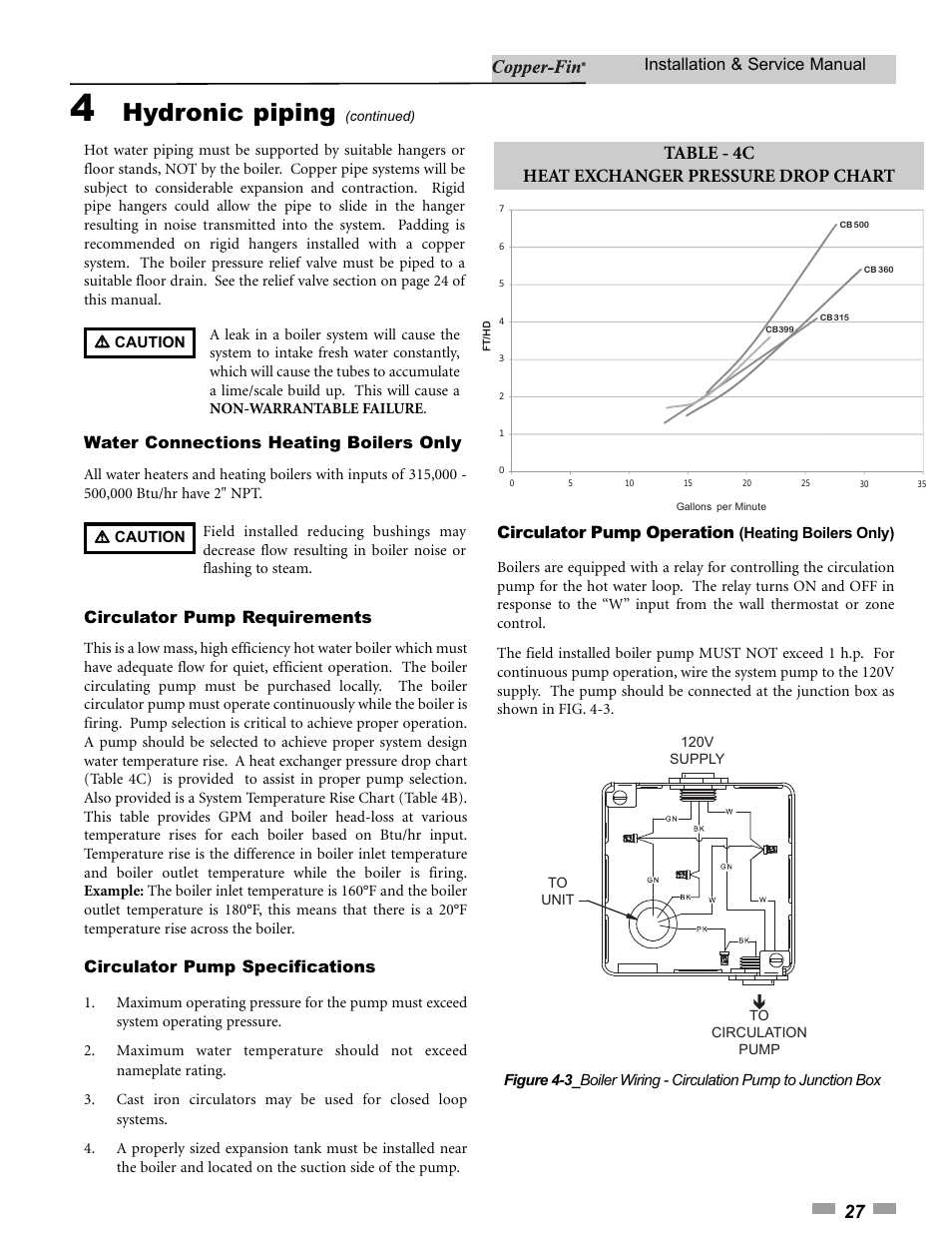Hydronic piping, Table - 4c heat exchanger pressure drop chart, Installation & service manual | Water connections heating boilers only, Circulator pump requirements, Circulator pump specifications, Circulator pump operation | Lochinvar 000 - 500 User Manual | Page 27 / 68