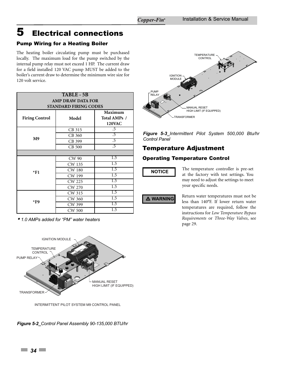 Electrical connections, Temperature adjustment, Table - 5b | Lochinvar 000 - 500 User Manual | Page 34 / 68