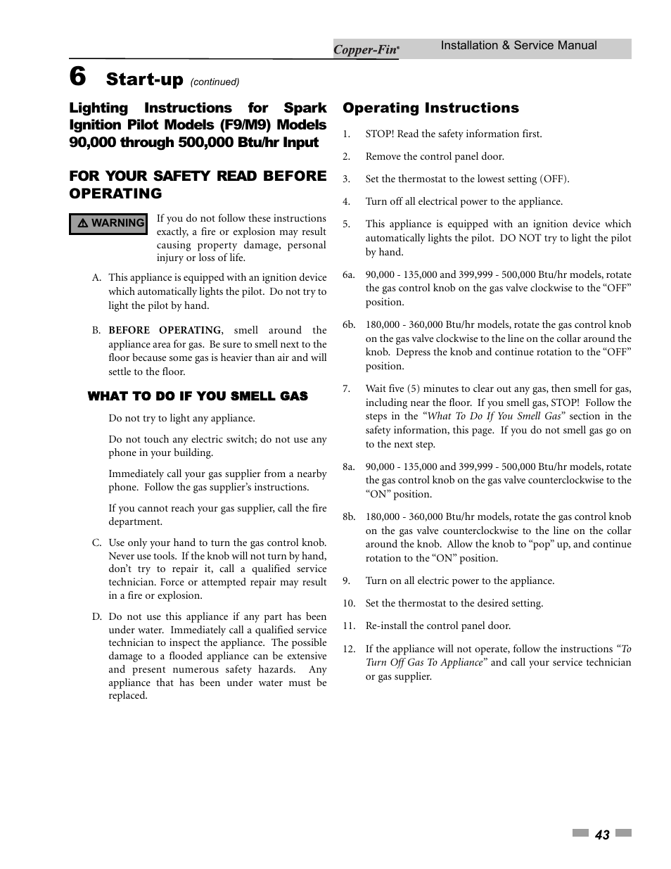 Start-up, Operating instructions | Lochinvar 000 - 500 User Manual | Page 43 / 68