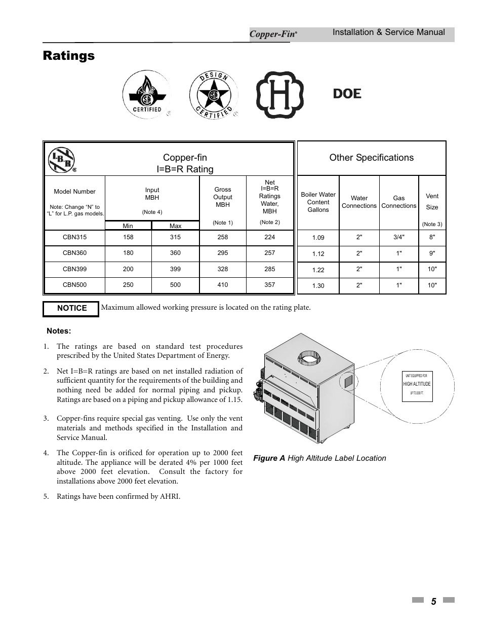 Ratings, Copper-fin i=b=r rating, Other specifications | Installation & service manual | Lochinvar 000 - 500 User Manual | Page 5 / 68