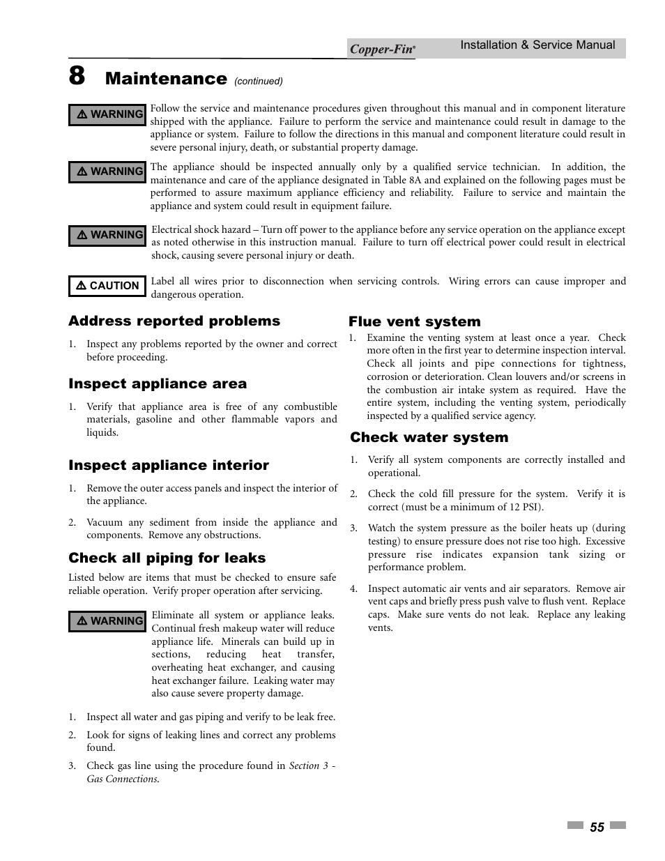 Maintenance, Address reported problems, Inspect appliance area | Inspect appliance interior, Check all piping for leaks, Flue vent system, Check water system | Lochinvar 000 - 500 User Manual | Page 55 / 68