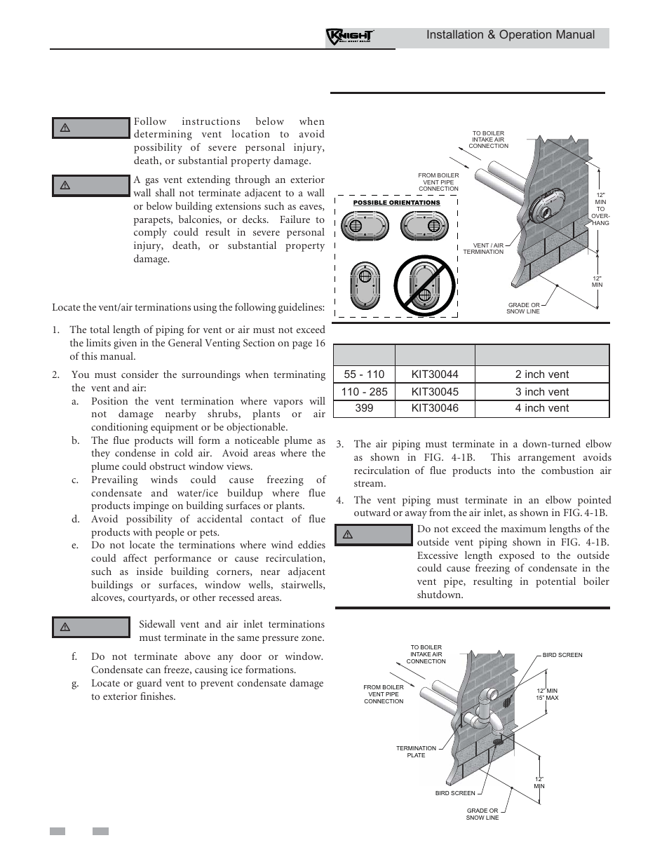 Sidewall direct, Venting, Vent/air termination – sidewall | Model kit number vent size, Installation & operation manual, Determine location | Lochinvar Wall Mount Boiler WH 55-399 User Manual | Page 22 / 80
