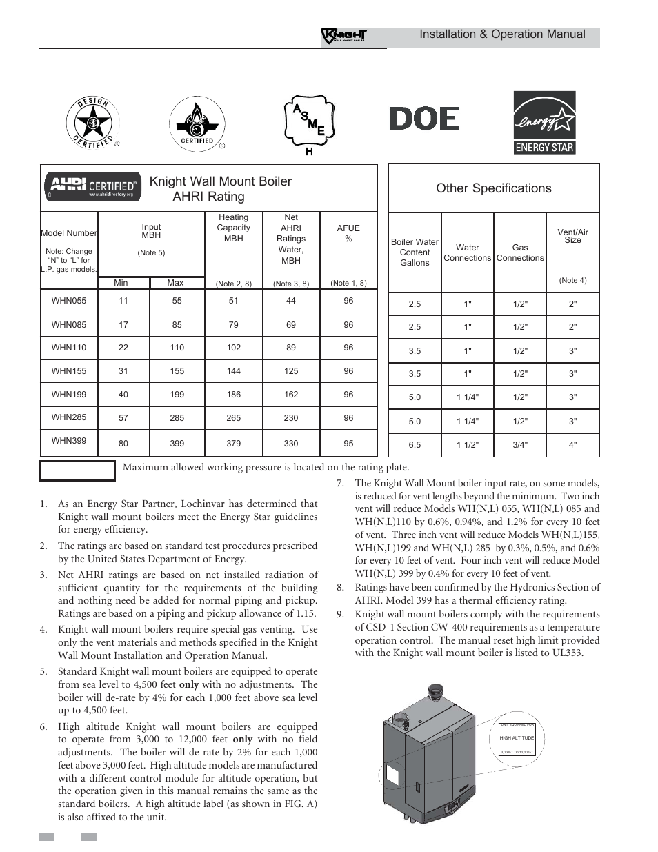 Ratings, Knight wall mount boiler ahri rating, Other specifications | Installation & operation manual | Lochinvar Wall Mount Boiler WH 55-399 User Manual | Page 6 / 80