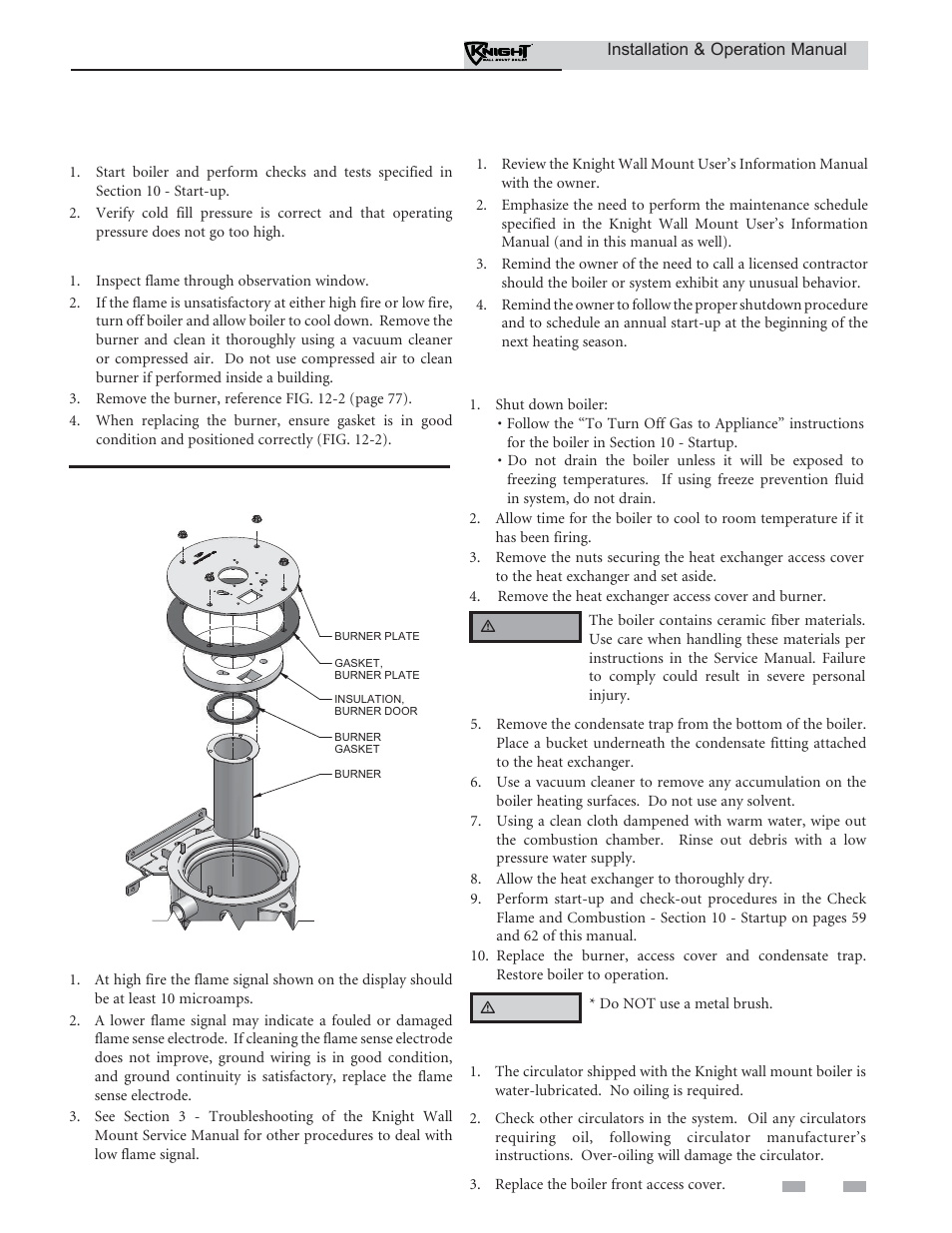 Maintenance, Check flame signal, Oiled bearing circulators | Cleaning boiler heat exchanger, Review with owner, Perform start-up and checks, Check burner flame | Lochinvar Wall Mount Boiler WH 55-399 User Manual | Page 77 / 80