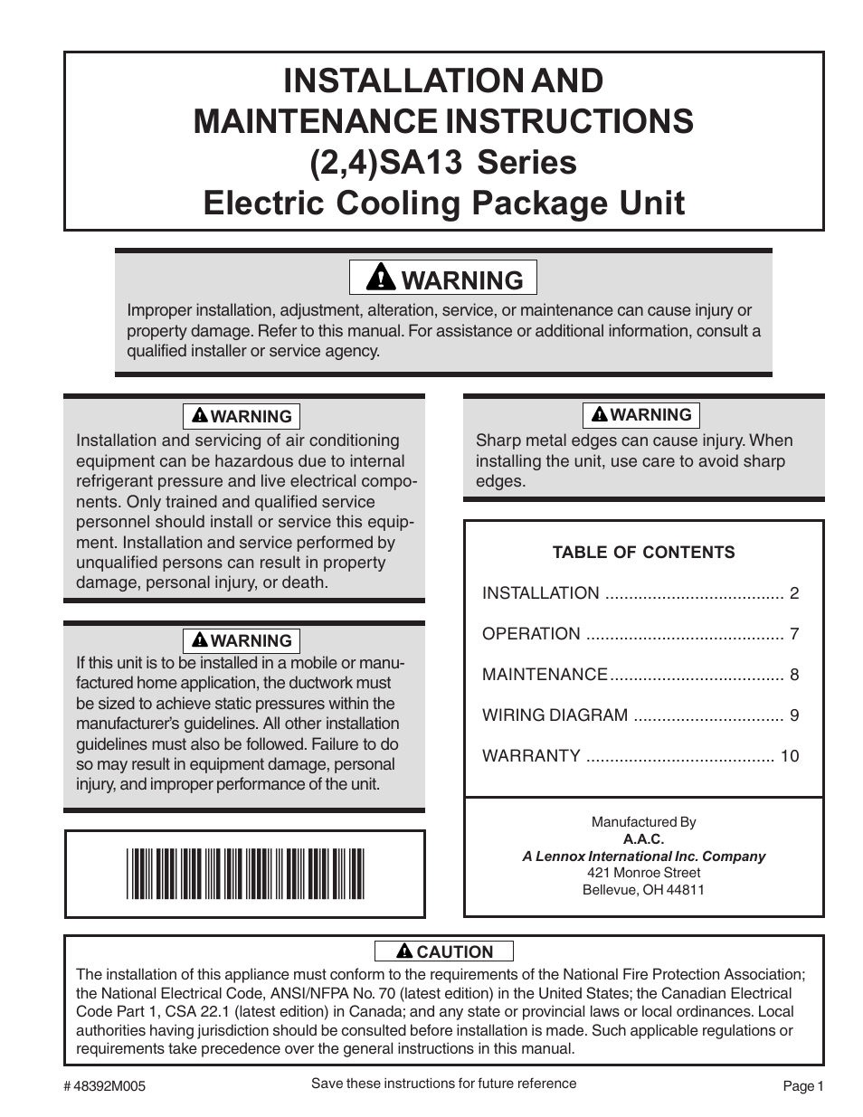 Lennox International Inc. Electric Cooling Package Unit (2/4)SA13 User Manual | 10 pages