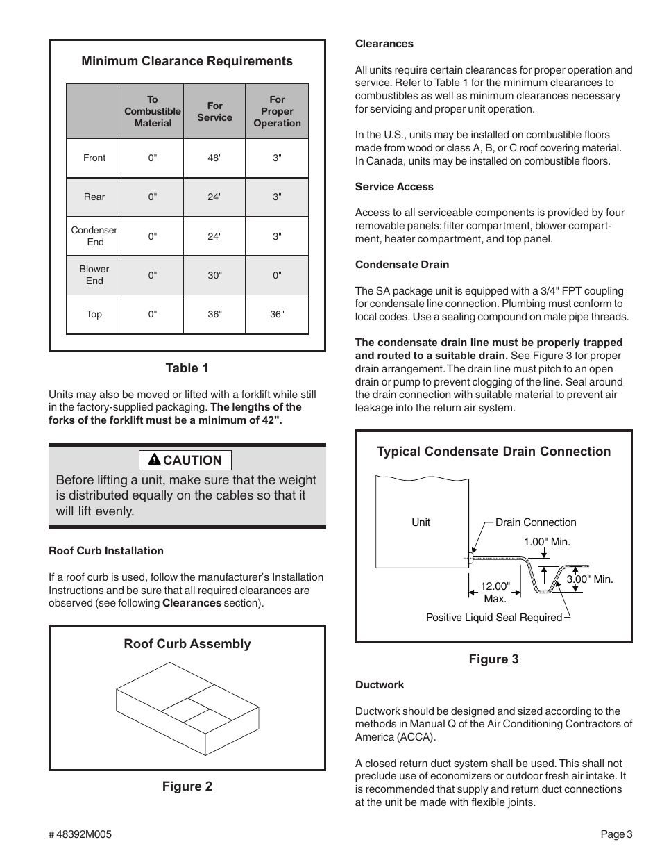 Typical condensate drain connection figure 3, Table 1, Minimum clearance requirements | Lennox International Inc. Electric Cooling Package Unit (2/4)SA13 User Manual | Page 3 / 10